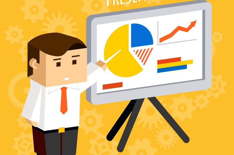 Businessman pointing at presentation board charts and diagrams, data and analysis, statistics and growth. Vector illustration